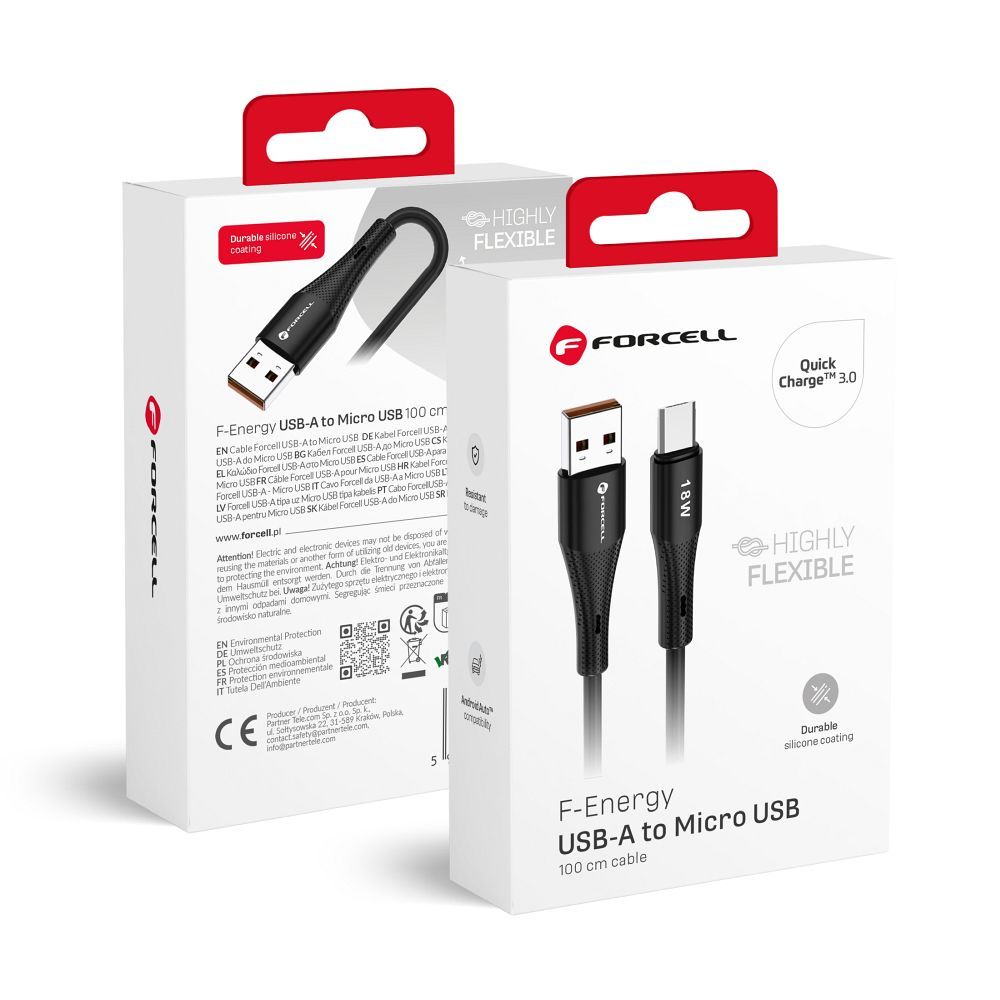 Cablu Forcell USB A To Micro USB F-energy Qc3.0 2,4A 18W Silicone 1 M C341 Negru