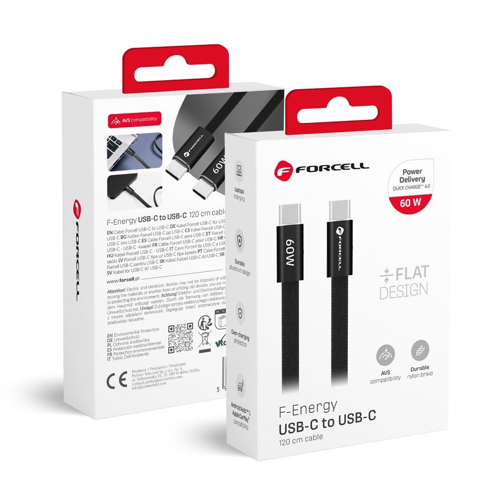 Cablu Forcell USB C To USB C F-energy Qc4.0 PD 3A 60W Cafule Flat 1,2 M Negru