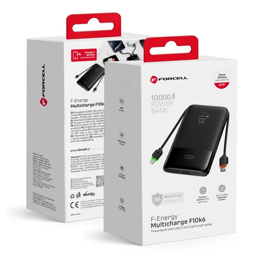 Cablu Forcell F-energy F10k6 Multicharge Acumulator extern cu Built-in Type C si Lightning PD Qc3.0 3A 22,5W 10000 Mah N