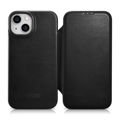 Husa Icarer CE Oil Wax Premium Leather Folio Leather iPhone 14 Plus Magnetic Flip Magsafe Negru (Aki14220707-bk)