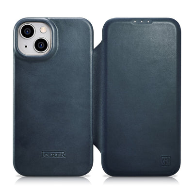 Husa Icarer CE Oil Wax Premium Leather Folio iPhone 14 Plus Magnetic Flip Magsafe Albastru (Aki14220707-bu)