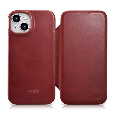 Husa Icarer CE Oil Wax Premium Leather Folio iPhone 14 Plus Magnetic Flip Leather Folio Magsafe Rosu (Aki14220707-rd)