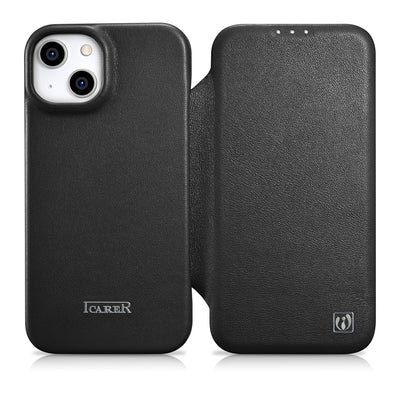 Husa Icarer CE Premium Leather Folio iPhone 14 Plus Magnetic Flip Leather Folio Magsafe Negru (Wmi14220715-bk)