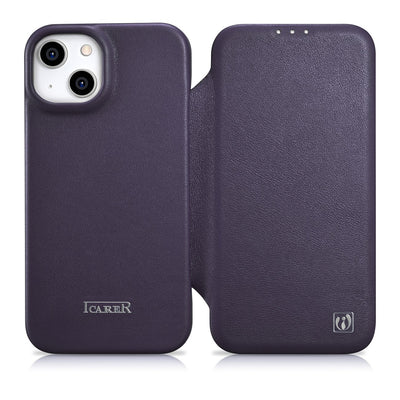 Husa Icarer CE Premium Leather Folio iPhone 14 Plus Magnetic Flip Leather Folio Magsafe Mov inchis (Wmi14220715-dp)