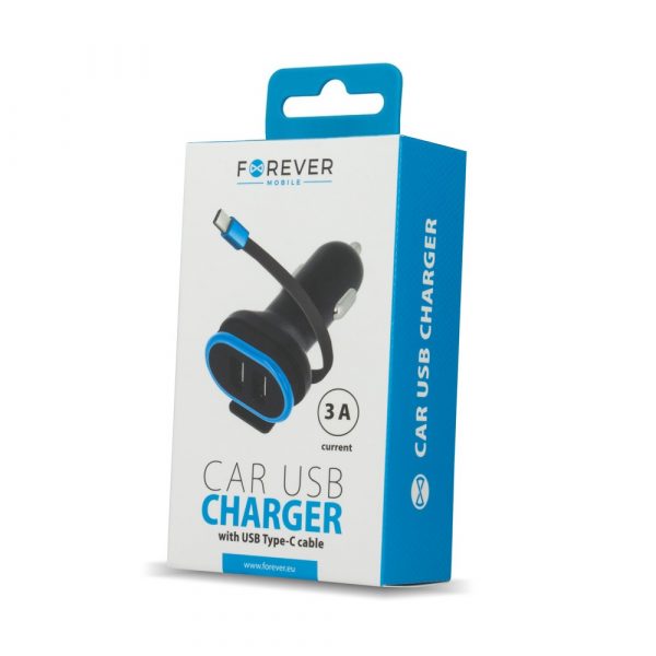 Încărcător auto Forever CC‑02 2x USB 3A negru cu cablu USB‑C 0,2 m