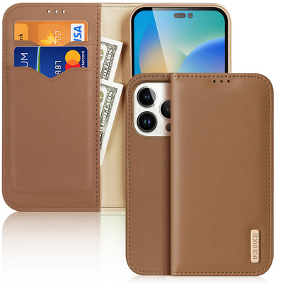 Husa Dux Ducis Hivo Leather Flip Cover Genuine Leather Wallet pentru Cards And Documents iPhone 14 Pro Maro