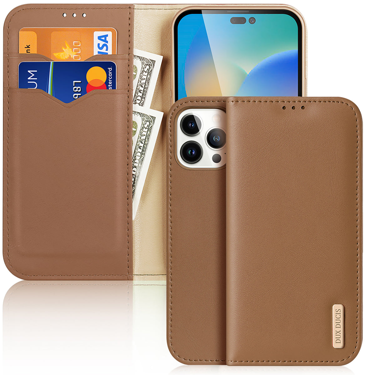 Husa Dux Ducis Hivo Leather Flip Cover Genuine Leather Wallet pentru Cards And Documents iPhone 14 Pro Max Maro