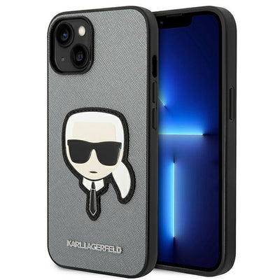 Husa Karl Lagerfeld Saffiano Karl's Head Patch pentru iPhone 14 Plus - Argintiu