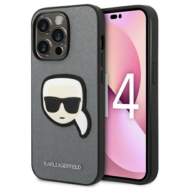 Husa Karl Lagerfeld Saffiano Karl's Head Patch pentru iPhone 14 Pro - Argintiu