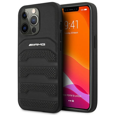 Husa AMG iPhone 14 Pro 6.1 "Negru / Negru Hardcase Leather Debossed Lines