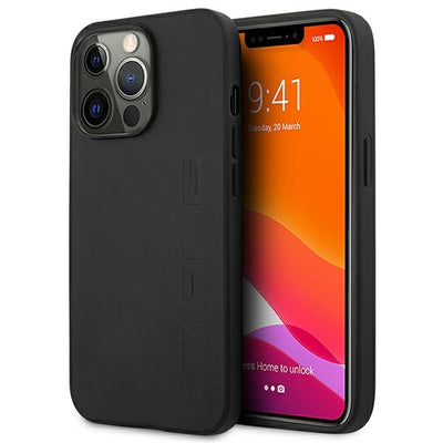 Husa AMG iPhone 14 Pro Max 6.7 "Negru / Negru Hardcase Leather Hot Stamped