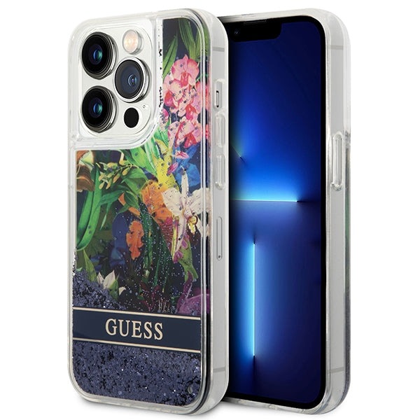 Husa Guess iPhone 14 Pro 6.1 "Albastru / Albastru Hardcase Flower Liquid Glitter