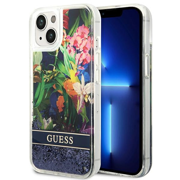 Husa Guess iPhone 14 6.1 "Albastru / Albastru Hardcase Flower Liquid Glitter