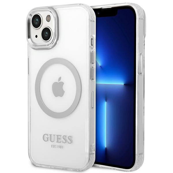 Husa Guess iPhone 14 Plus 6.7" Argintiu/Argintiu Hard Metal Outline Magsafe
