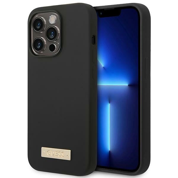 Husa Guess iPhone 14 Pro Max 6.7" Negru/Negru Hard Silicone Logo Plate Magsafe
