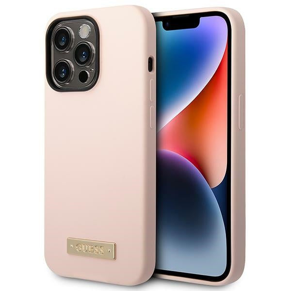 Husa Guess iPhone 14 Pro Max 6.7" Roz/Roz Hard Silicone Logo Plate Magsafe