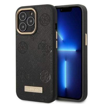 Husa Guess iPhone 13 Pro / 13 6.1" Negru/Negru Hardcase Peony Logo Plate Magsafe