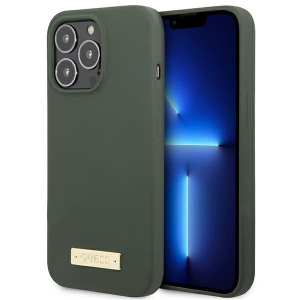 Husa Guess iPhone 13 Pro Max 6.7" Verde/Khaki Hard Silicone Logo Plate Magsafe