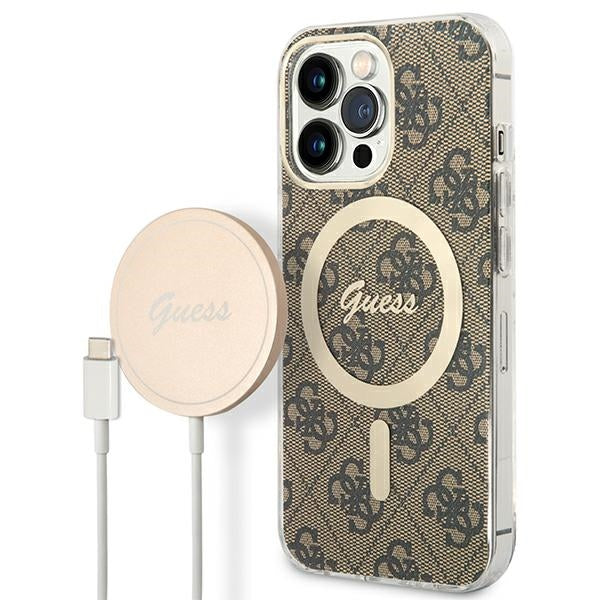Husa Set Guess Gubpp13lh4eacsw + Incarcator iPhone 13 Pro Maro/Maro Hard 4G Print Magsafe