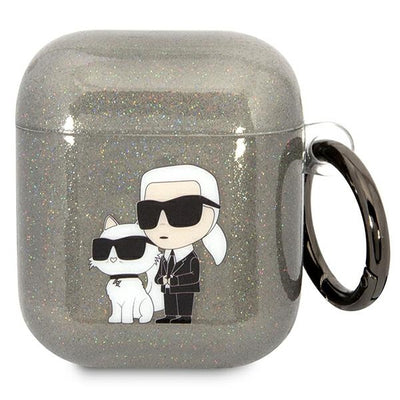Husa Karl Lagerfeld AirPods 1/2 Cover Negru/Negru Gliter Karl&Choupette