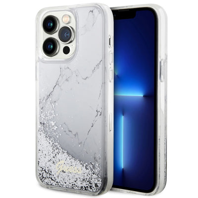 Husa Guess iPhone 14 Pro Max 6.7" Alb/Alb Hardcase Liquid Glitter Marble