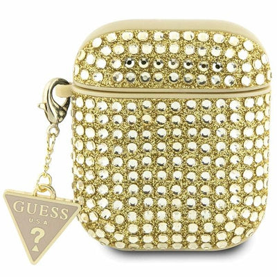 Husa Guess AirPods 1/2 Cover Auriu/Auriu Rhinestone Triangle Charm