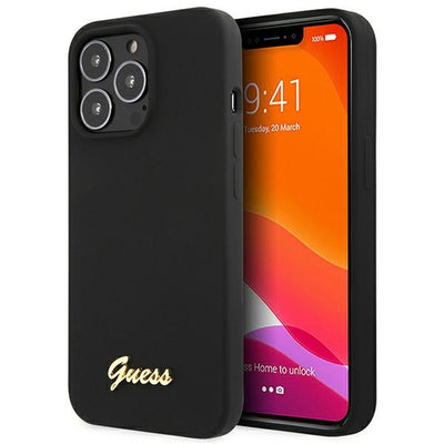 Husa Guess Guhcp13xlslmgbk iPhone 13 Pro Max 6.7" Negru/Negru Hardcase Silicone Script Auriu Logo