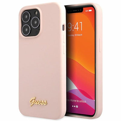 Husa Guess iPhone 13 Pro Max 6.7" Roz deschis/Roz deschis Hardcase Silicone Script Auriu Logo