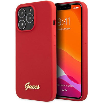 Husa Guess iPhone 13 Pro Max 6.7" Rosu/Burgundy Hard Silicone Vintage Auriu Logo