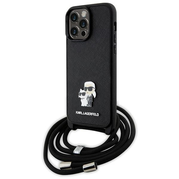 Husa Karl Lagerfeld pentru iPhone 14 Pro Max 6.7" Hardcase - Negru Crossbody Saffiano Metal Pin Karl&Choupette