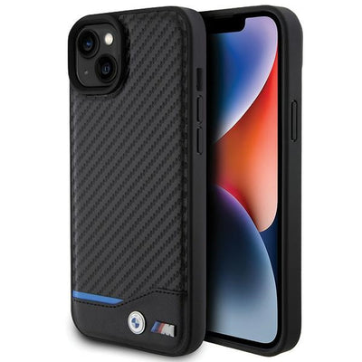 Husa BMW Leather Carbon pentru iPhone 15 Plus - Negru