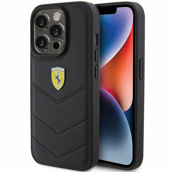 Husa Ferrari Quilted Metal Logo pentru iPhone 15 Pro - Negru
