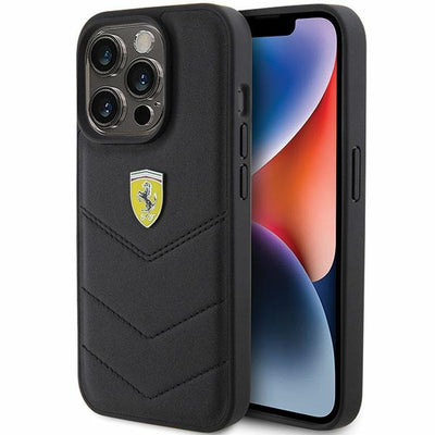 Husa Ferrari Quilted Metal Logo pentru iPhone 15 Pro - Negru