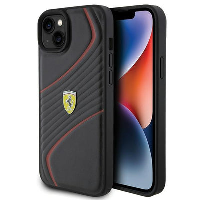 Husa Ferrari Twist Metal Logo pentru iPhone 15 Plus - Negru