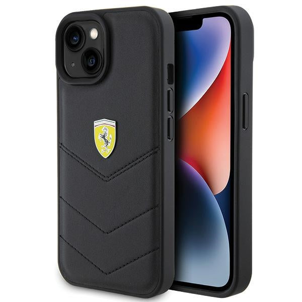 Husa Ferrari Quilted Metal Logo pentru iPhone 15 - Negru