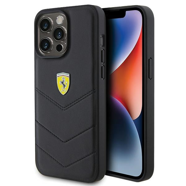 Husa Ferrari Quilted Metal Logo pentru iPhone 15 Pro Max - Negru