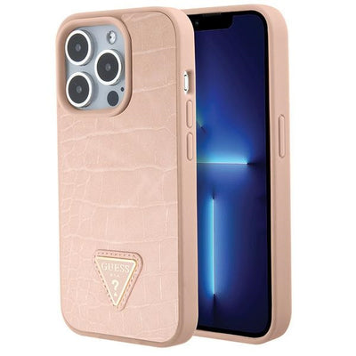 Husa Guess Croco Triangle Metal Logo pentru iPhone 15 Pro - Roz