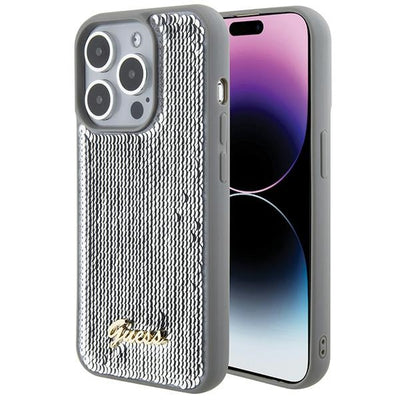 Husa Guess Sequin Script Metal pentru iPhone 15 Pro - Argintiu