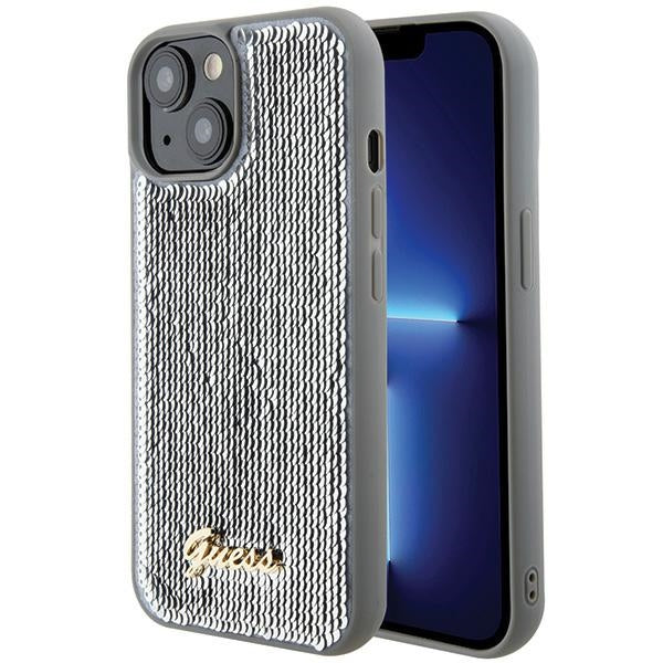 Husa Guess Sequin Script Metal pentru iPhone 15 - Argintiu