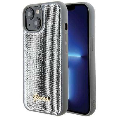 Husa Guess Sequin Script Metal pentru iPhone 15 - Argintiu