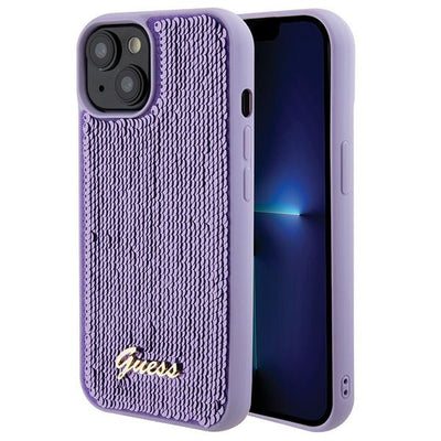 Husa Guess Sequin Script Metal pentru iPhone 15 - Mov