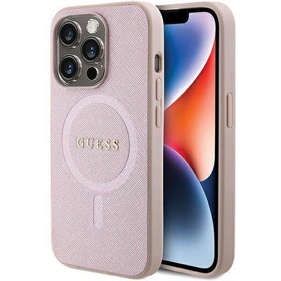 Husa Guess Saffiano Magsafe pentru iPhone 15 Pro - Roz