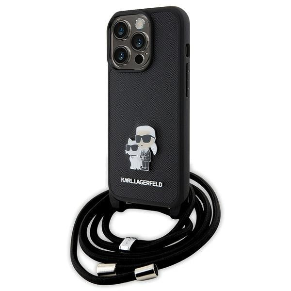 Husa Karl Lagerfeld Crossbody Saffiano Metal Pin Karl & Choupette pentru iPhone 15 Pro - Negru