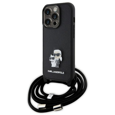 Husa Karl Lagerfeld Crossbody Saffiano Metal Pin Karl & Choupette pentru iPhone 15 Pro - Negru