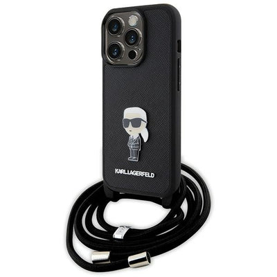 Husa Karl Lagerfeld Crossbody Saffiano Monogram Metal Pin Karl & Choupette pentru iPhone 15 Pro - Negru