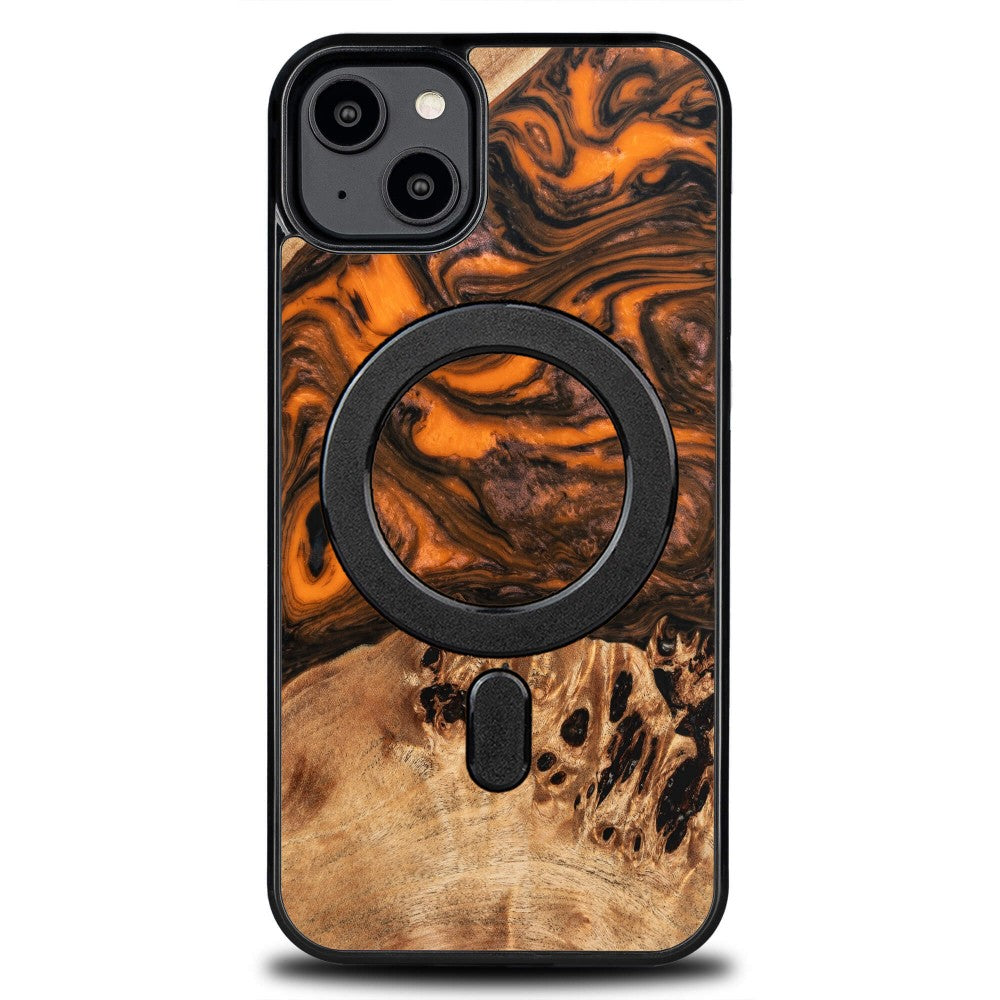 Husa Wood And Resin pentru iPhone 15 Plus Magsafe Bewood Unique Portocaliu - Portocaliu And Negru