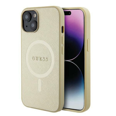 Husa Guess iPhone 15 Plus 6.7" Auriu/Auriu Hardcase Saffiano Magsafe