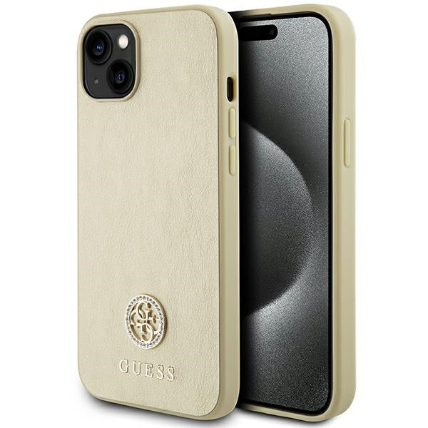 Husa Guess Leather 4G Metal Logo Strass pentru iPhone 15 - Auriu