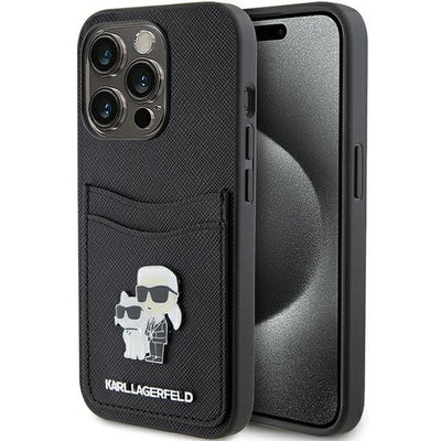 Husa Karl Lagerfeld Saffiano Cardslot Karl&Choupette Metal Pin pentru iPhone 15 Pro - Negru