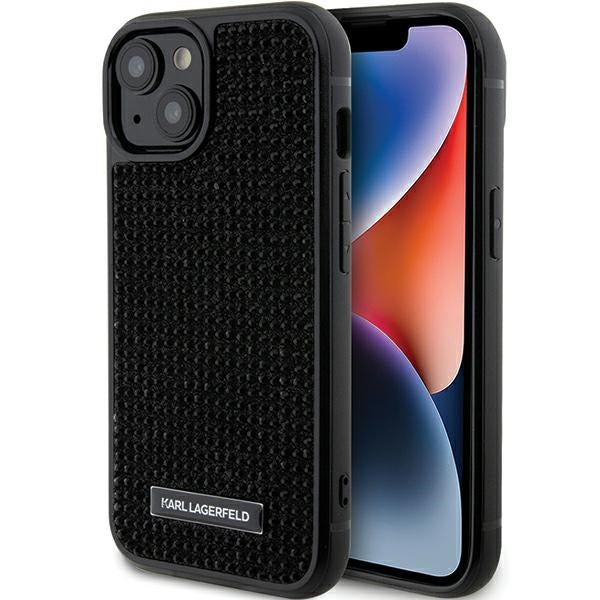 Husa Karl Lagerfeld Rhinestone Logo Metal Plate pentru iPhone 15 - Negru